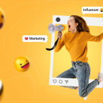 A woman jumps with a megaphone and a smiley face, promoting influencer marketing.