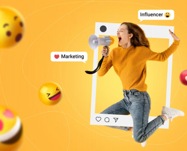 A woman jumps with a megaphone and a smiley face, promoting influencer marketing.