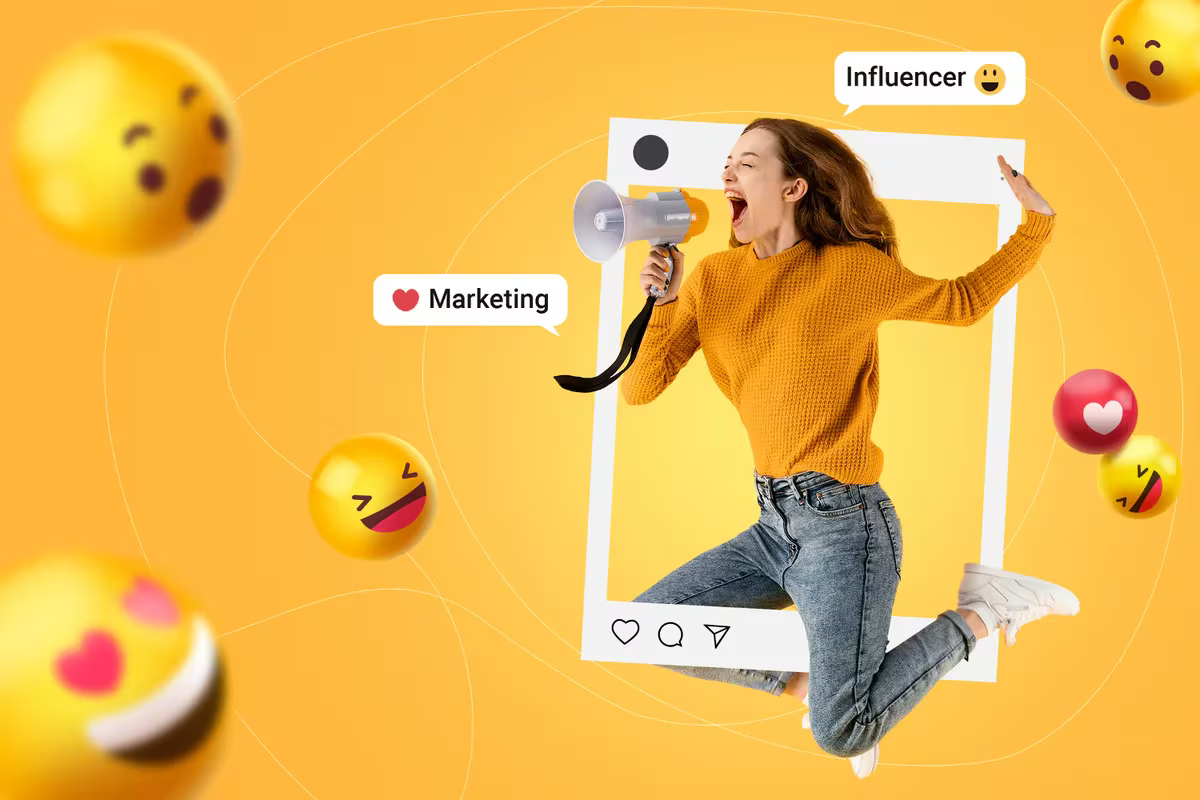 A woman jumps with a megaphone and a smiley face, promoting influencer marketing.